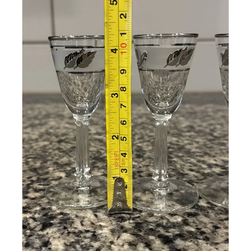 4 LIBBEY SILVER LEAF CORDIAL SHOT GOBLETS FOOTED STEMMED